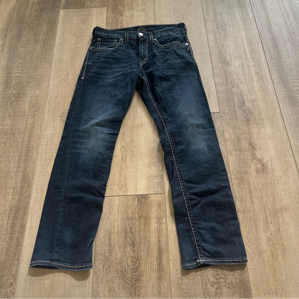 SILVER Jeans EDDIE Tag W31/32 Actual 32/31 Dark Blue Stretch Rise 10” Good cond